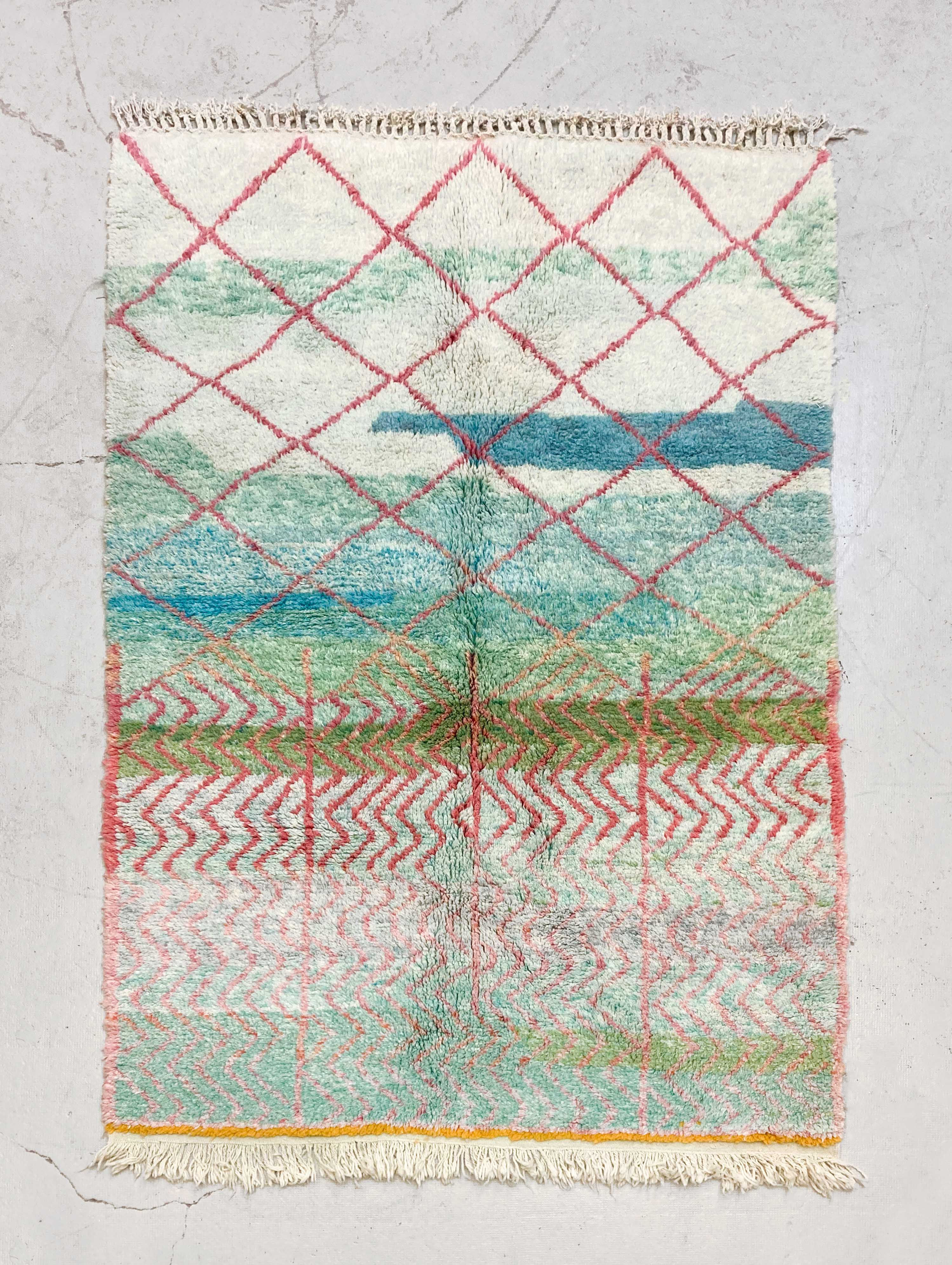 Tapis berbère Beni Ouarain bleu vert à motifs colorés 2,46x1,72m