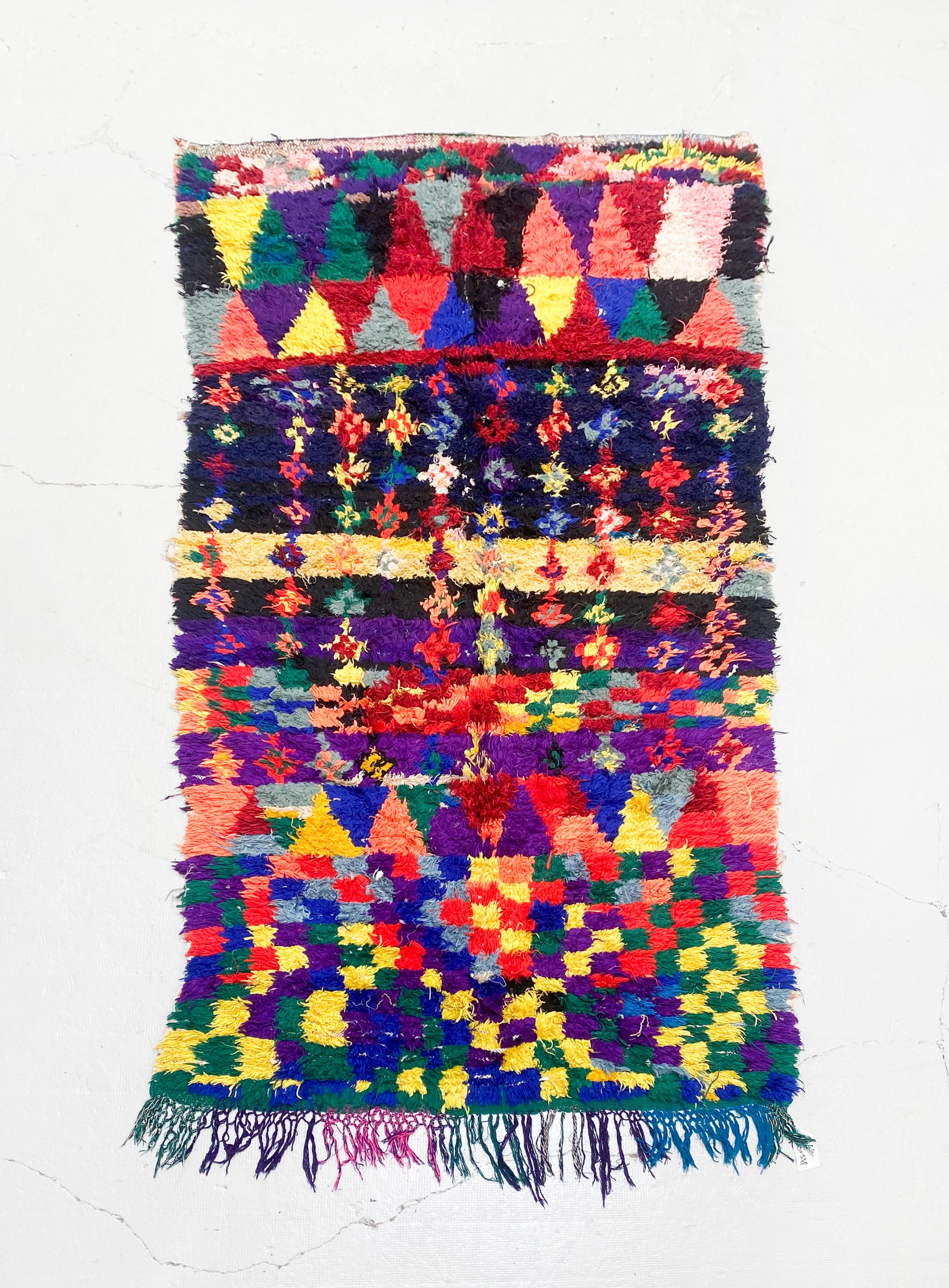 Tapis berbère Boucherouite ancien à motifs multicolores 2,53x1,37m