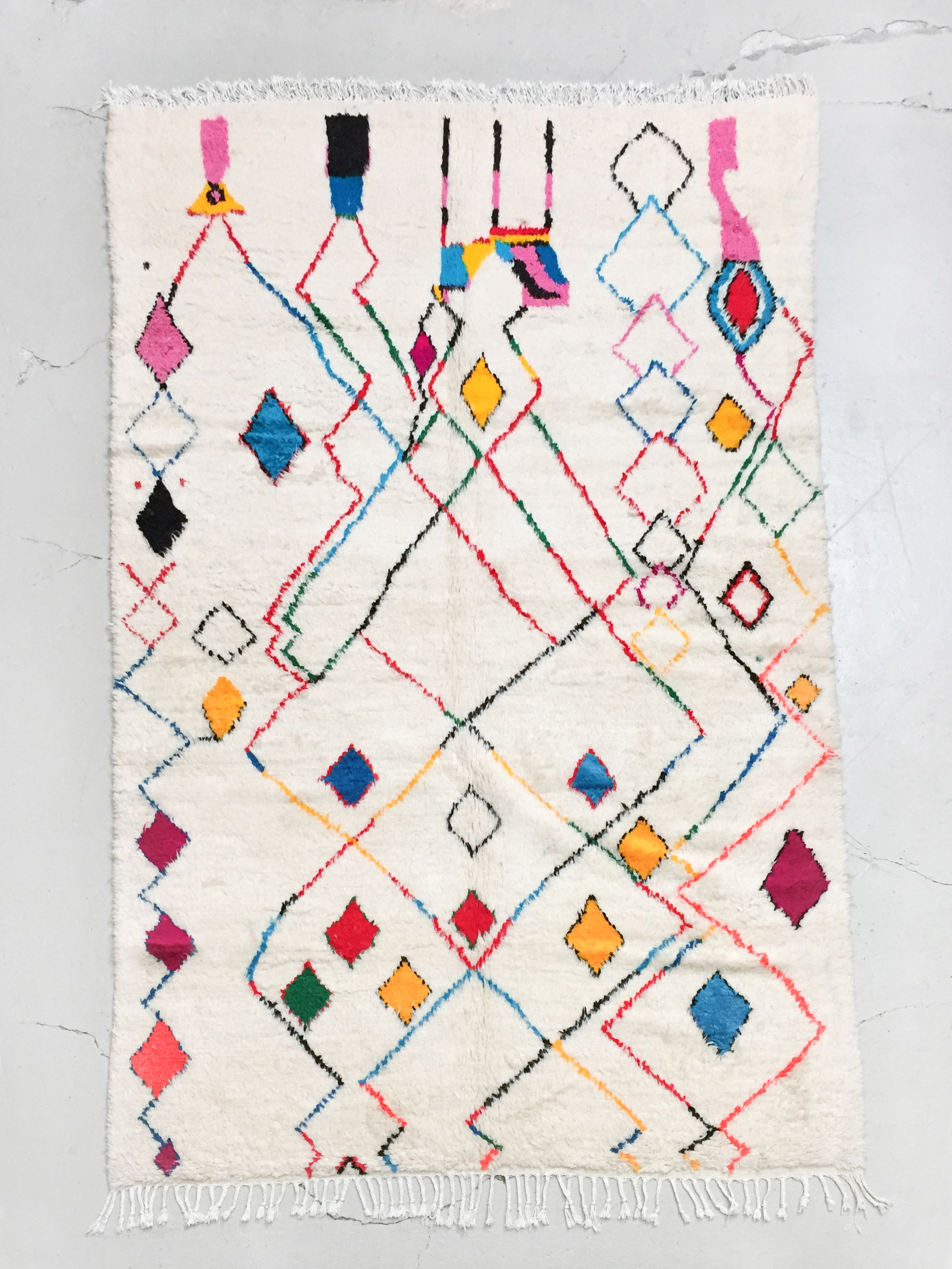 Tapis berbère Azilal écru à motifs multicolores 3,13x1,94m