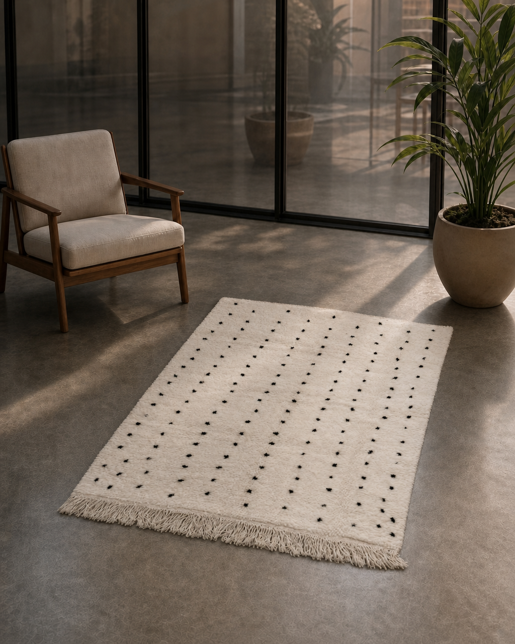 Alfombra bereber Beni Ouarain con lunares negros, 1,57 x 1,19 m