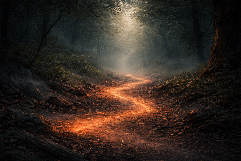 A softly glowing forest path winding through a calm wooded landscape at dusk, symbolizing clarity, reflection, and the journey toward aligned decision-making in The Clarity Code program.

