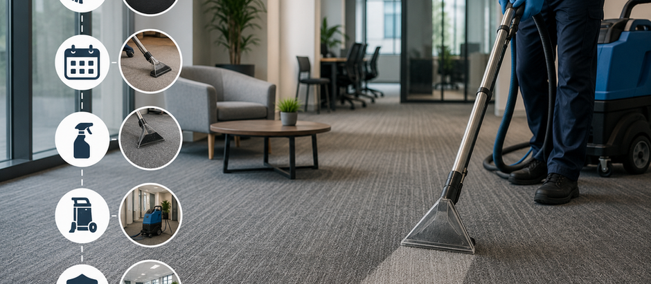 Professional commercial carpet maintenance in a modern Vancouver office with deep carpet cleaning equipment and high-traffic workspace flooring.