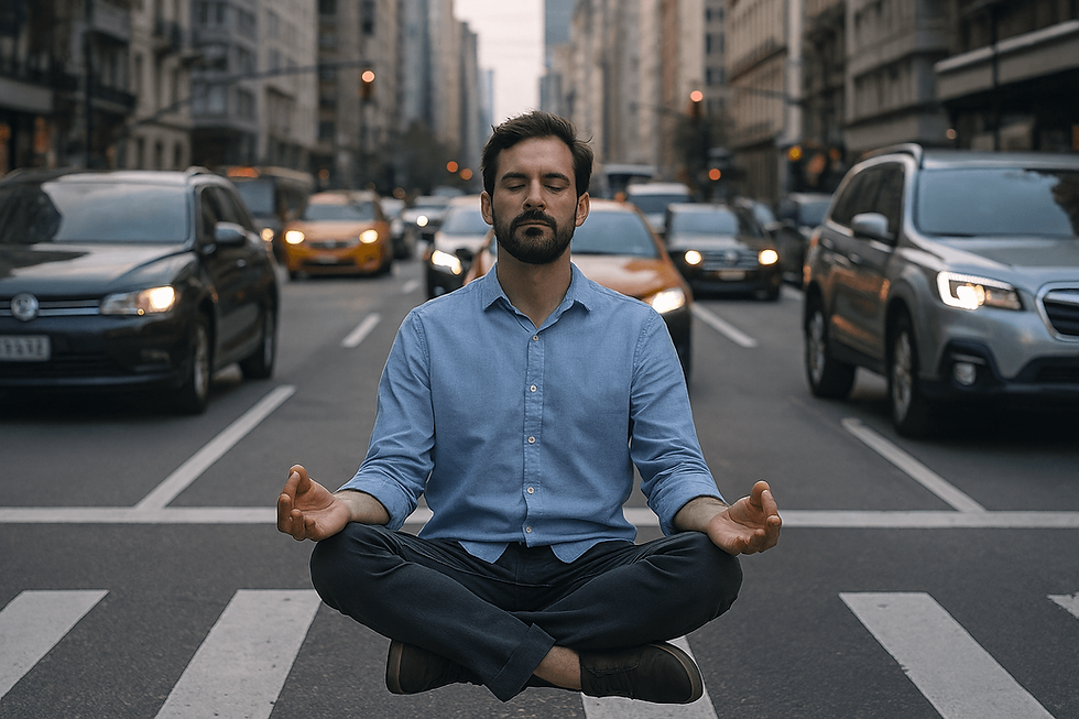 Mann entspannt auf einer Straße in Yogaposition schwebend