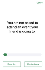 Exercises screen that says "You are not asked to attend an event your friend is going to"