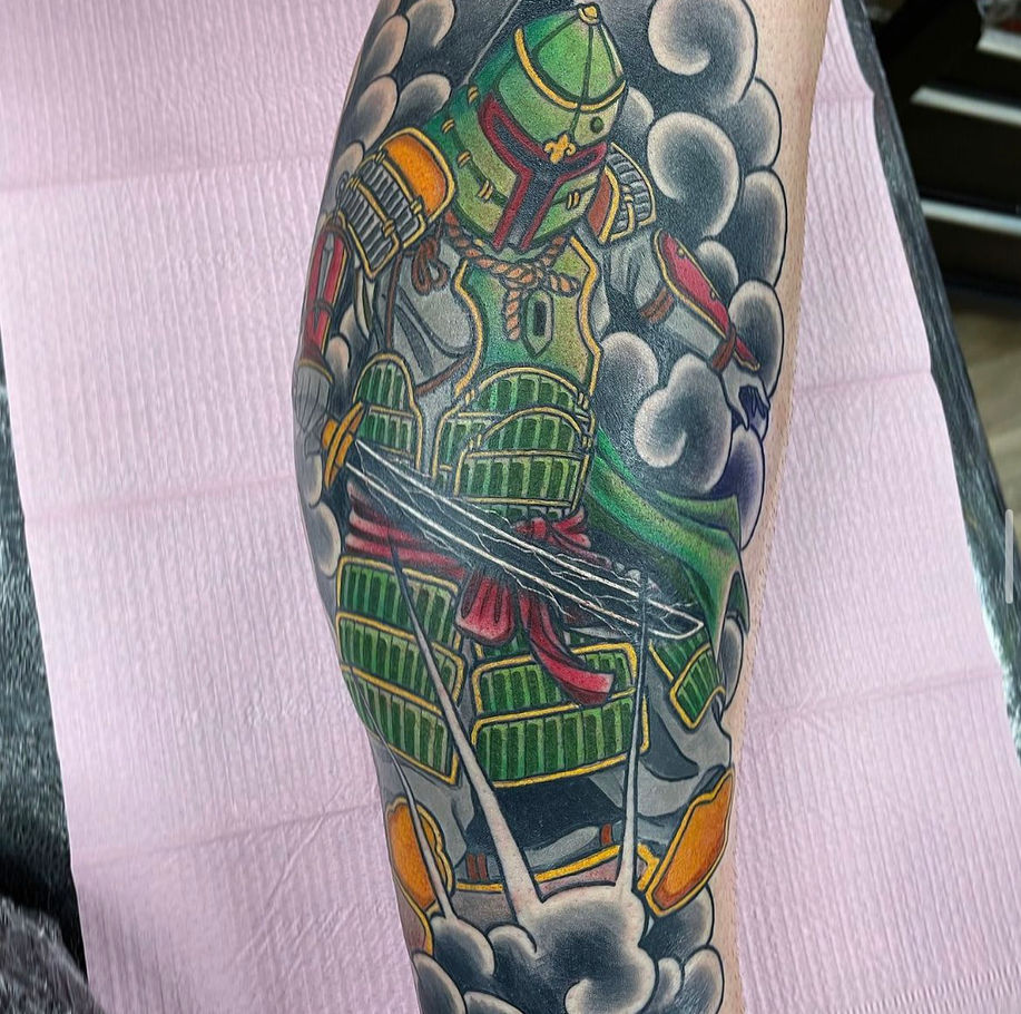 traditional japanese lower leg sleeve with nerdy elements showing boba fett from the movie series star wars 