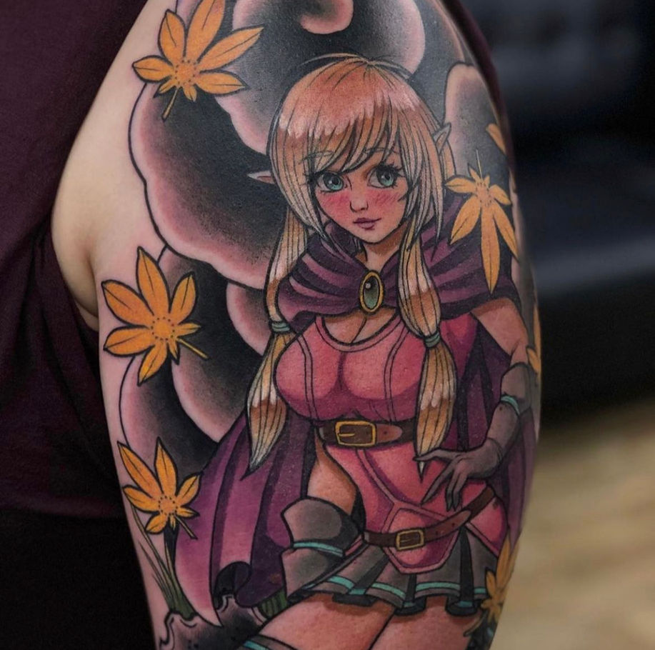 fusion style piece with a traditional japanese background of clouds and maple leaves with an original anime style elf character in the foreground