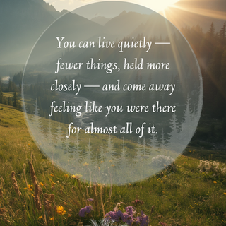 Sunrise over mountain valley and wildflower meadow with quote text and Wild Quiet Living title