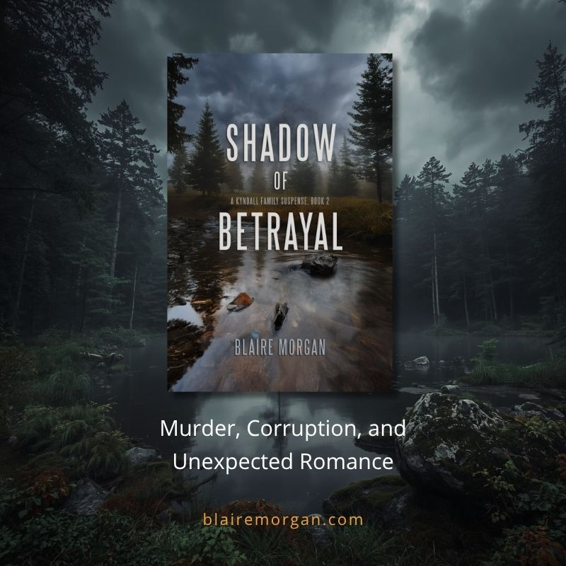 Book cover Shadow of Betrayal by Blaire Morgan over misty forest stream, with tagline Murder, Corruption, and Unexpected Romance