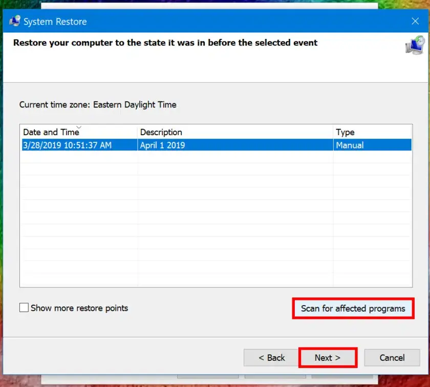 system restore