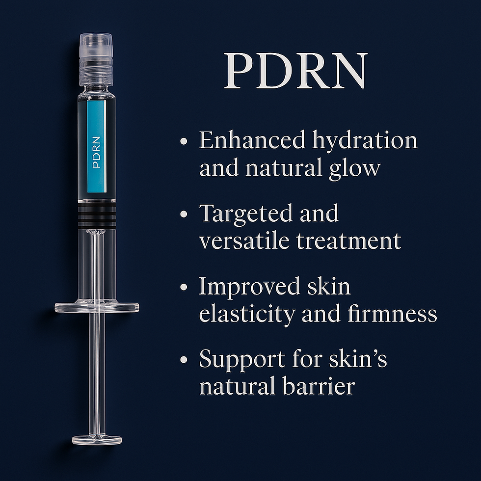PDRN treatment syringe with list of skin benefits including hydration, elasticity, and natural barrier support on a navy background.