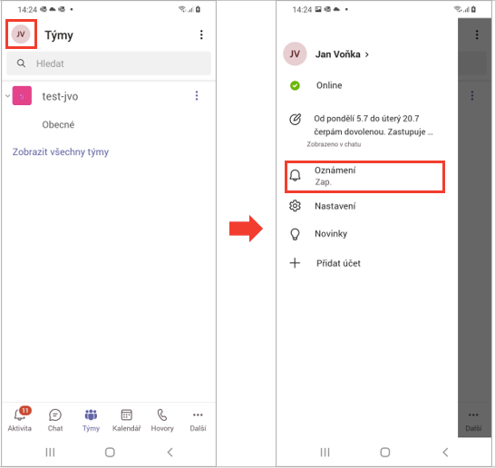 Menu Teams v mobilu s možností zobrazit nastavení oznámení