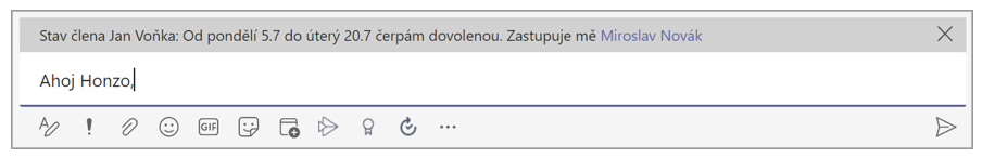 Zobrazení stavové zprávy ve chvíli, kdy vám někdo v Teams píše zprávu
