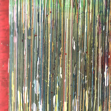 Pluie de couleurs 2 ,acrylique sur toile, 100 x 80 cm, est une composition harmonieuse de traits verticaux tels une pluie. A gauche pour contraster une bande rouge bien délimitée
