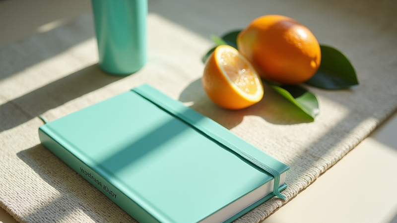 a journal, water bottle, and fresh oranges