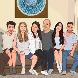 איור דיגיטלי של שבעה אנשים יושבים יחד על ספה