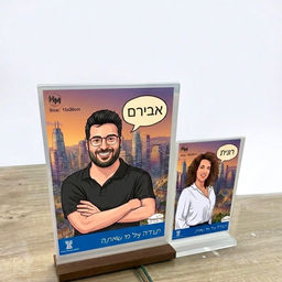 קריקטורות אישיות בסטנדים אקריליים: גבר בשם אביב ואישה בשם הדס