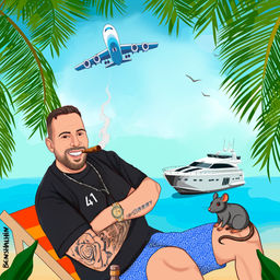 איור של גבר עם סיגר בכיסא חוף, עכבר על רגלו ויאכטה ברקע