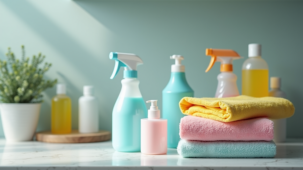 Close-up view of cleaning supplies arranged neatly on a countertop