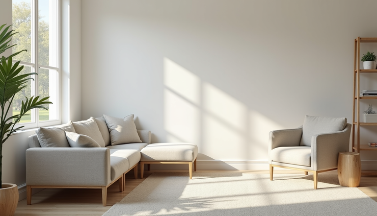 Eye-level view of a bright living room with a spotless carpet and minimal furniture