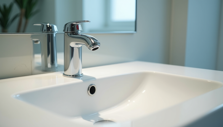 Close-up view of a sparkling clean bathroom sink with a shiny faucet and clear mirror