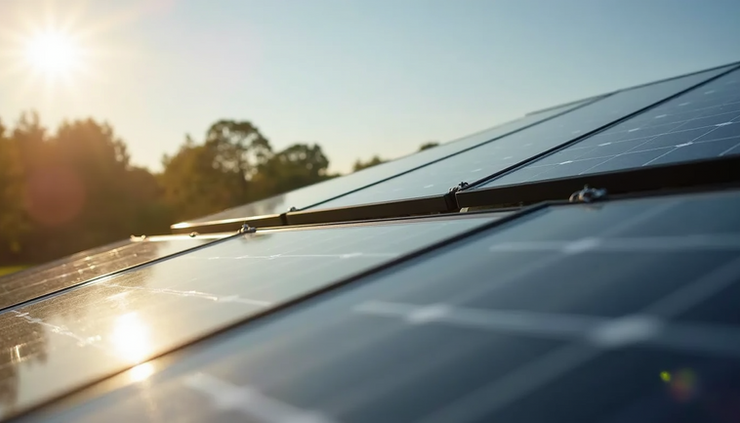 Close-up view of a portable solar panel setup on a camper roof under bright sunlight