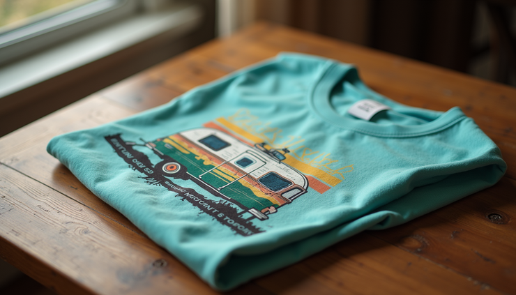 High angle view of a folded custom RV-themed t-shirt with a vintage camper graphic