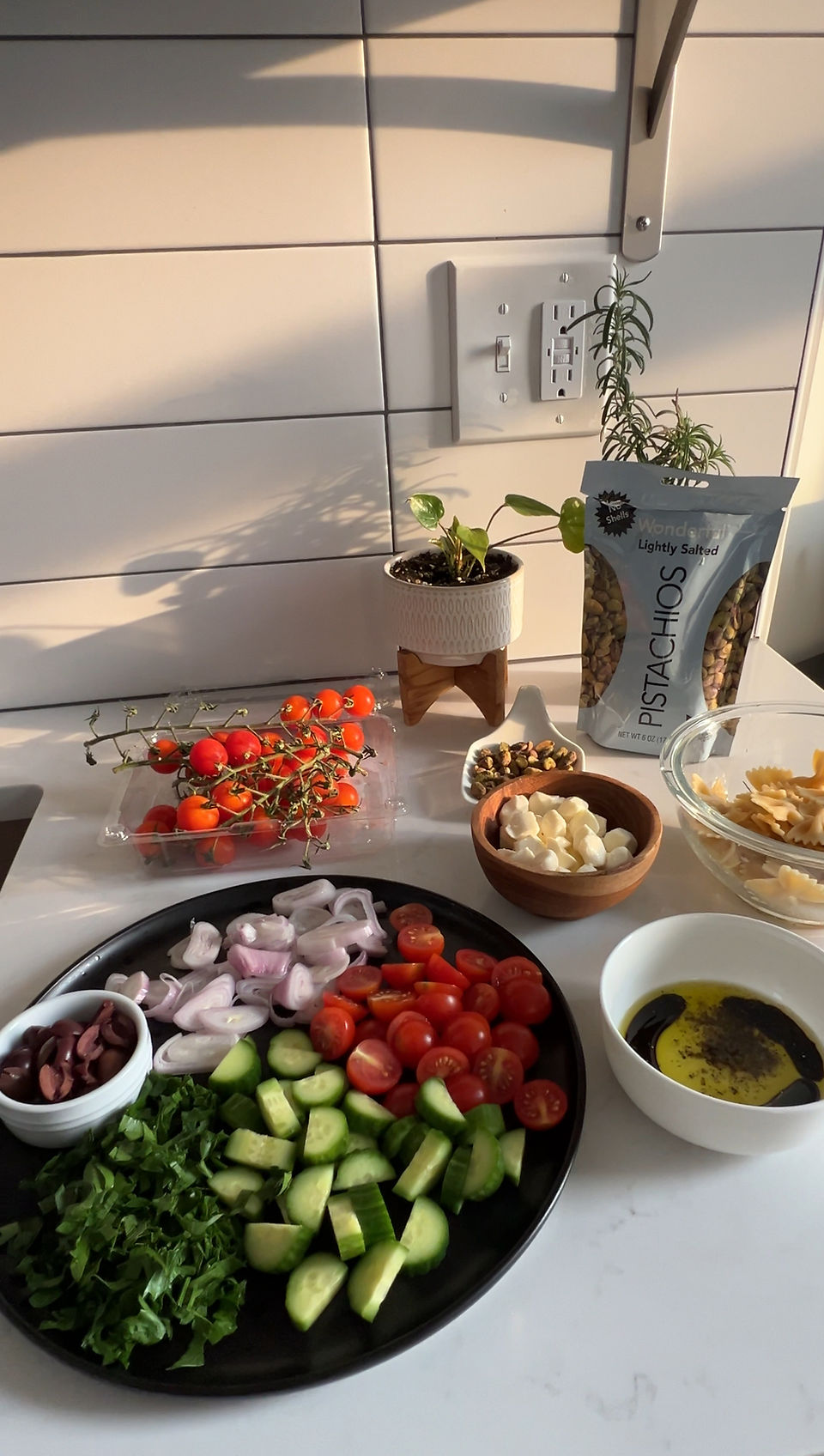 Mediterranean Diet Summer Pasta Salad with Pistachios & Pomegranate Molasses Healthy Recipe By Registered Dietitian Nutritionist Maya Oueichek, MBA, RDN