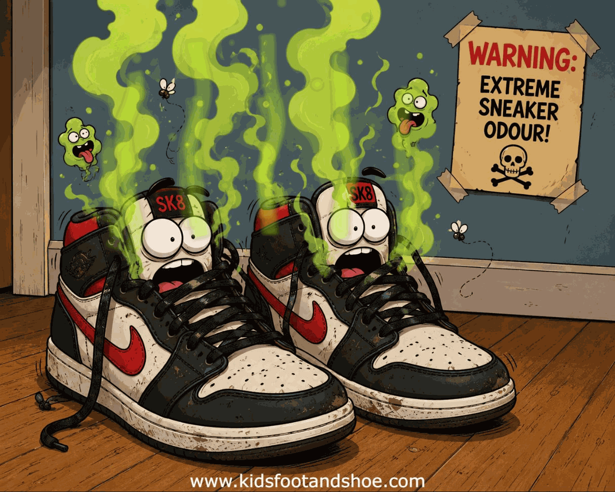 Funny cartoon sneakers releasing green odor at the KidsFootAndShoe Stinky Feet Contest