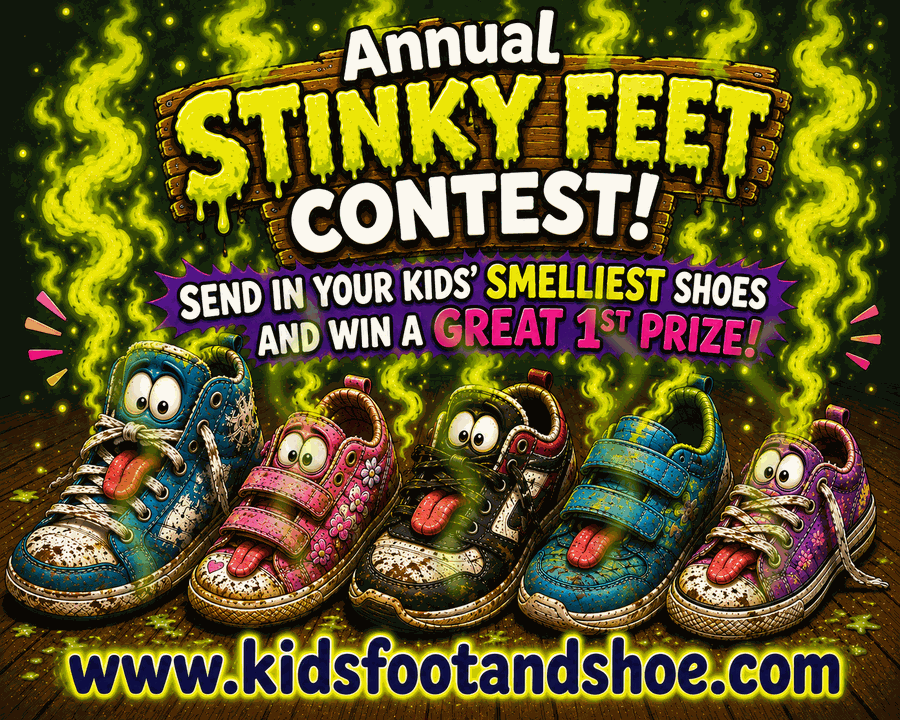 Annual Stinky Feet Contest with colorful cartoon children's sneakers and green stink clouds