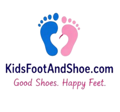 KidsFootAndShoe.com official business logo featuring blue and pink footprints forming a heart shape, with the slogan "Good Shoes. Happy Feet."