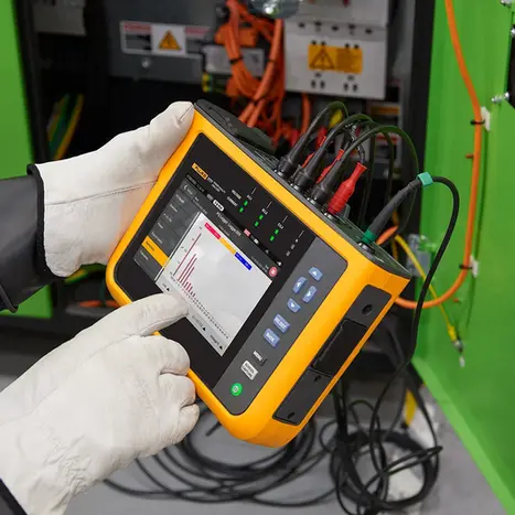 Technician performing power quality testing using advanced power analyzer | EE Electrics Australia