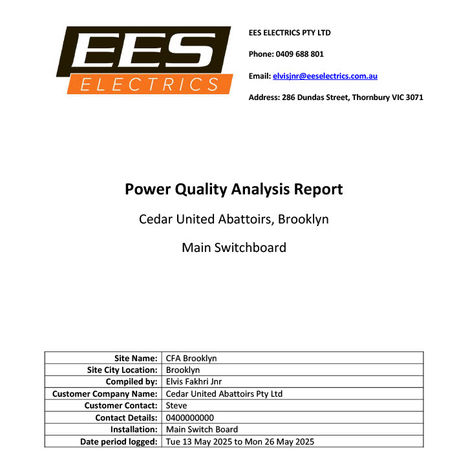 EE Electrics professional power quality analysis report for electrical system diagnostics
