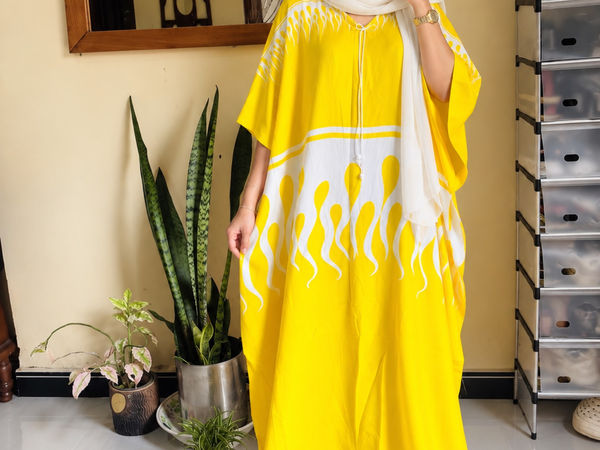 Yellow and White Printed Kaftan Dress