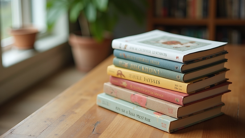 High angle view of a stack of animal kindness books on a wooden table
