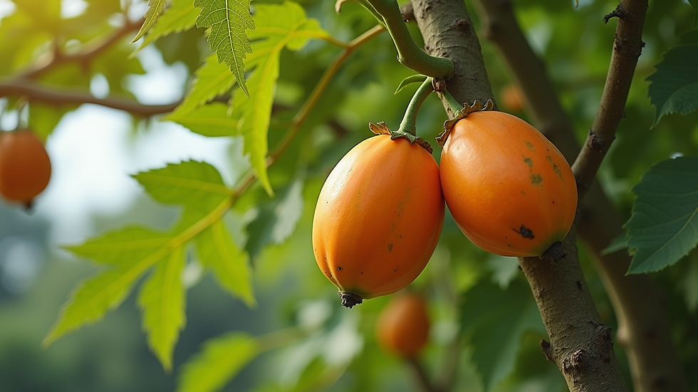 Eye-level view of a healthy papaya tree with ripe fruits hanging