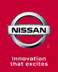 Nissan logo with silver emblem and red background, featuring the slogan "Innovation that excites"