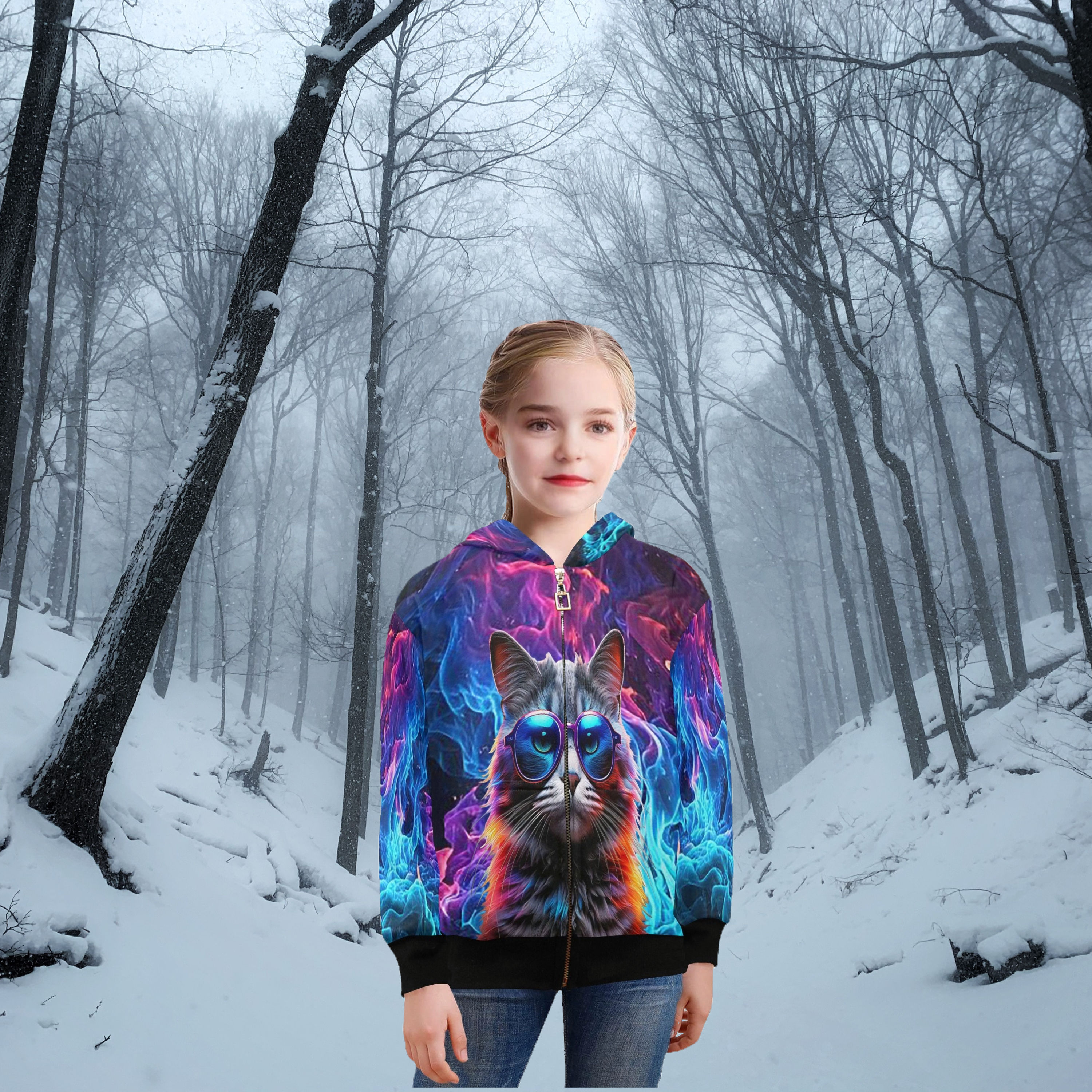 **Big Girl's Cool Cat Zip Hoodie
