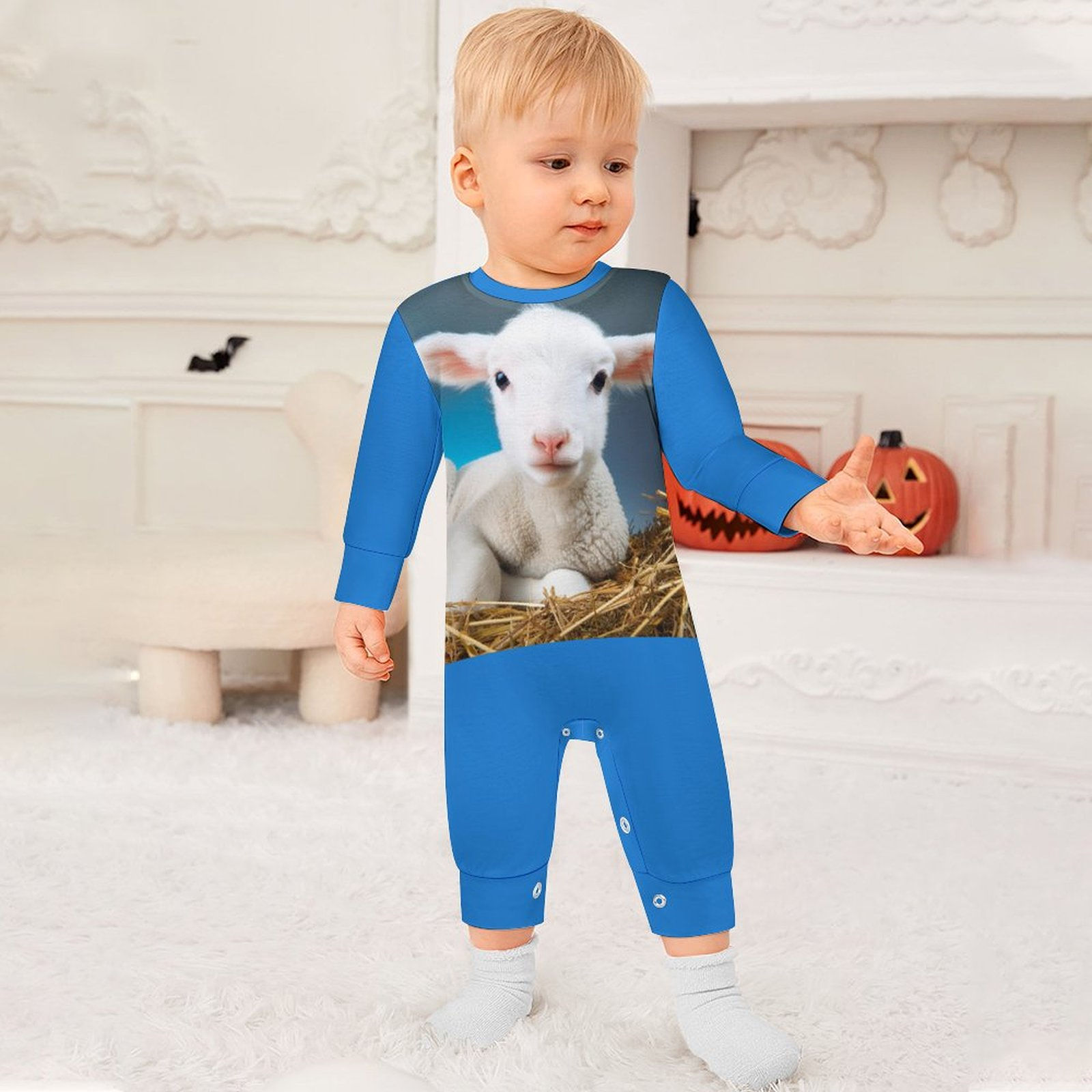 **Lamb Long Sleeve Baby Romper - Blue