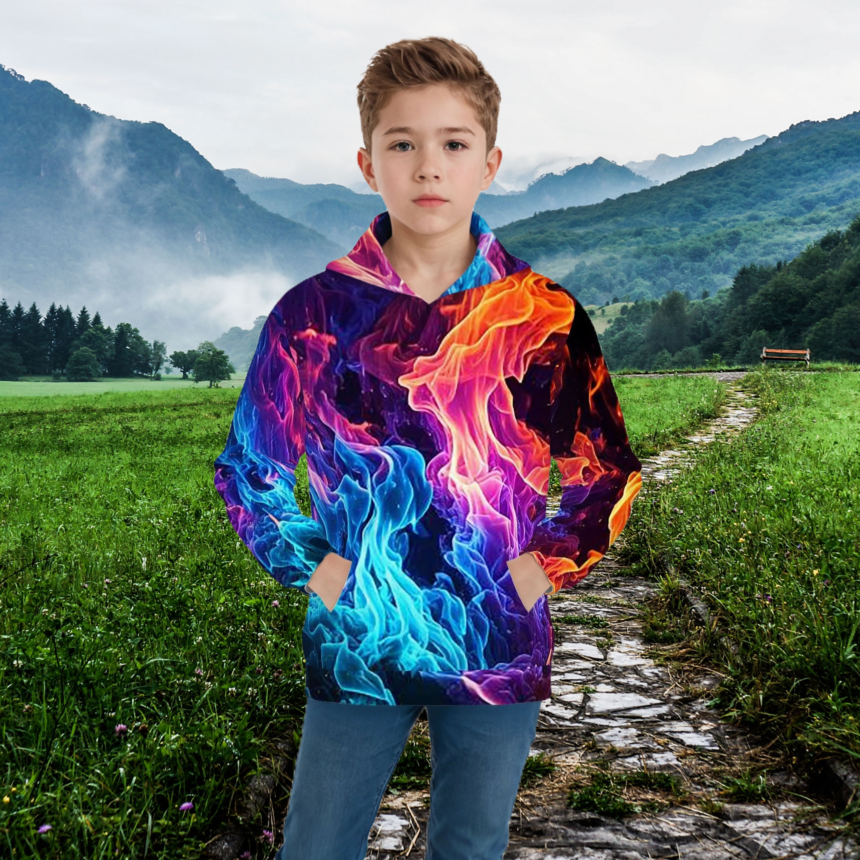 Big Kid's Neon Flames AOP Hoodie