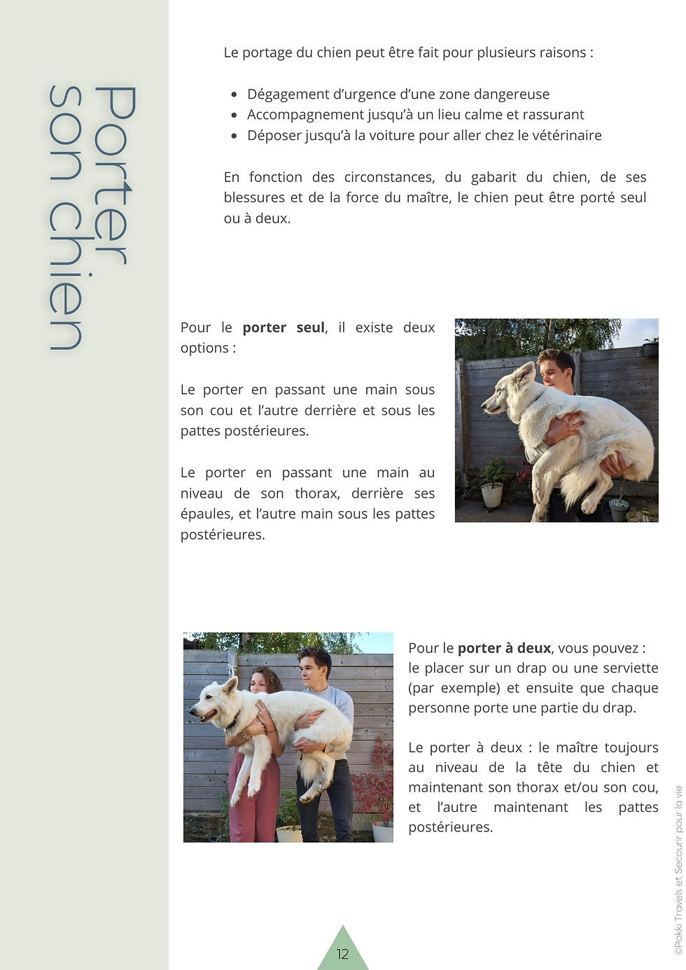 extrait d'une page d'un ebook sur le secourisme canin. Comment porter son chien blessé ou malade