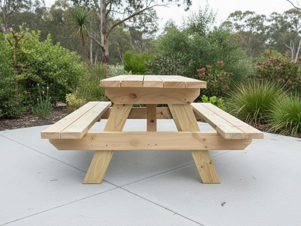 Thumbnail: Front view of The Original Heavy Duty Picnic Table in Raw structural timber. Built for Melbourne outdoor dining.