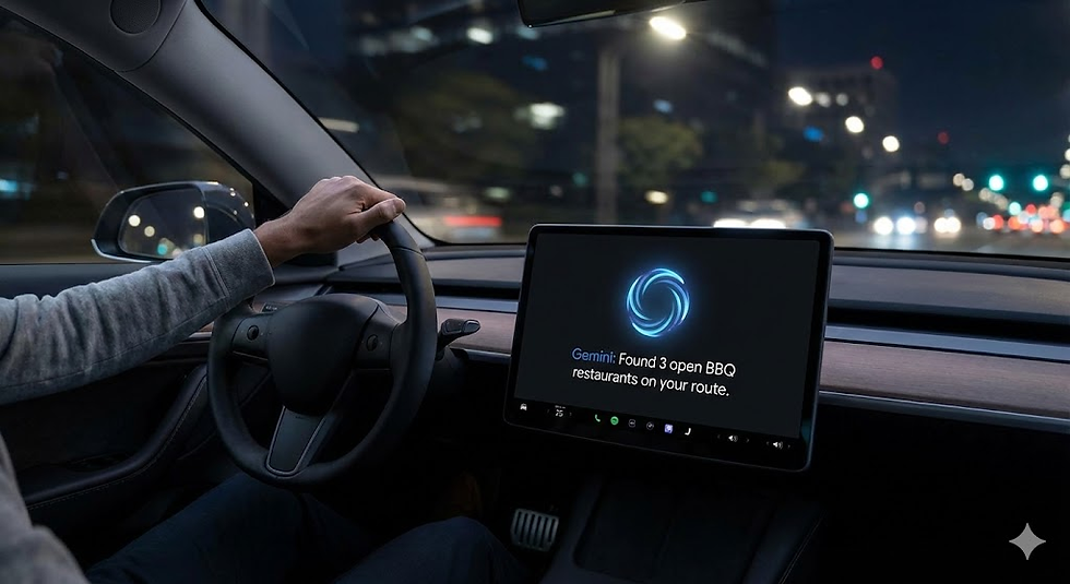 從駕駛座視角拍攝的照片,顯示了車載螢幕上的 Android Auto 介面。螢幕上出現了 Gemini 助理的圖示和語音指令的回應,展示了更自然的駕駛互動體驗。