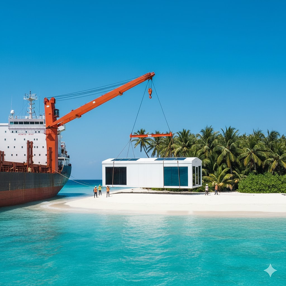 一艘貨船正在將一個標準化、現代設計的自供電模組化建築單元運送到一個熱帶島嶼的海灘上