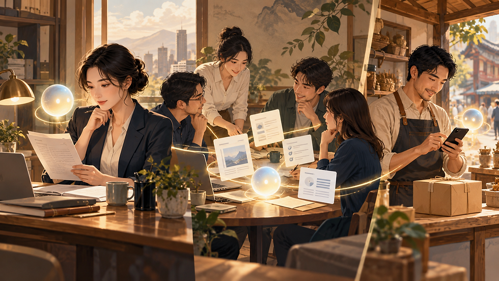 AI 代理協助個人、團隊與商店經營者延續工作,概念插畫