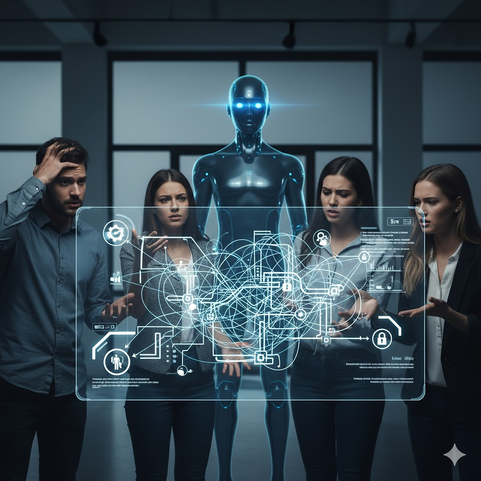 挑戰：人與流程 (Challenges: People & Process)：員工圍繞著一個複雜、交織的數位流程圖