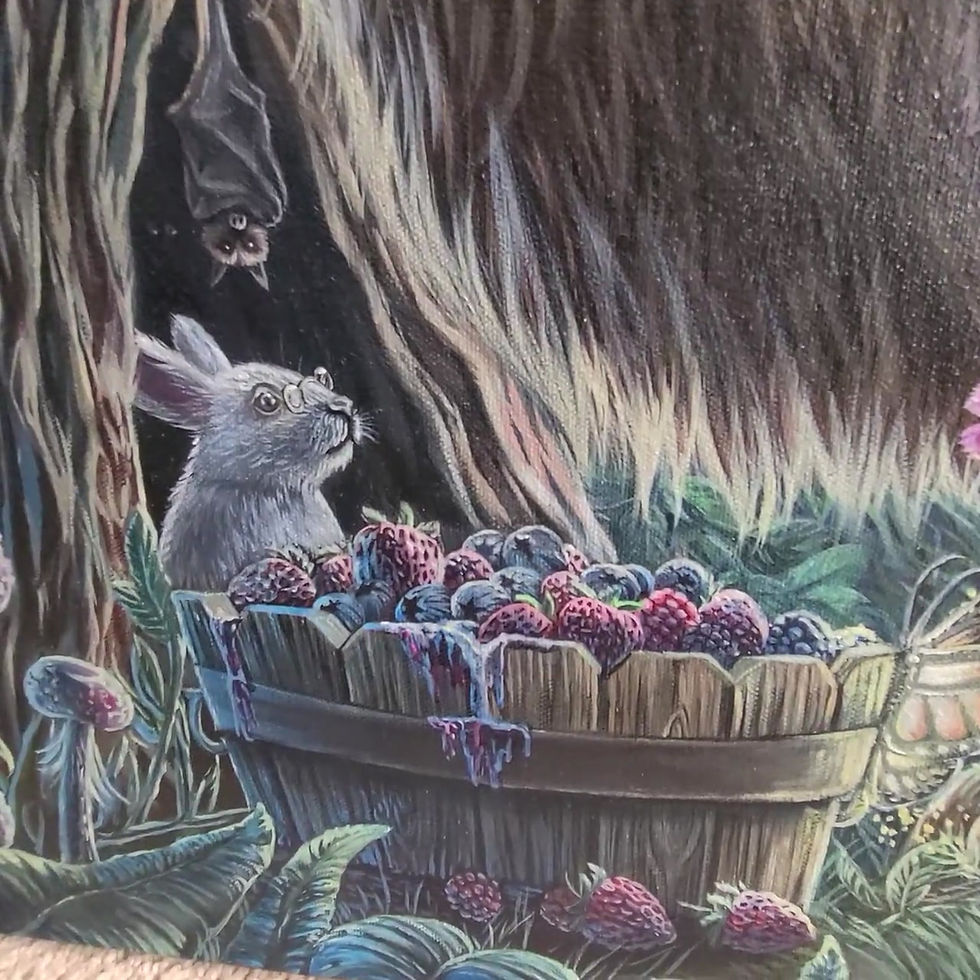 Thumbnail: little girl painting, bear painting with berries, 2 bear cubs, mountains, waterfall, rainbow, fantasy forest scene,