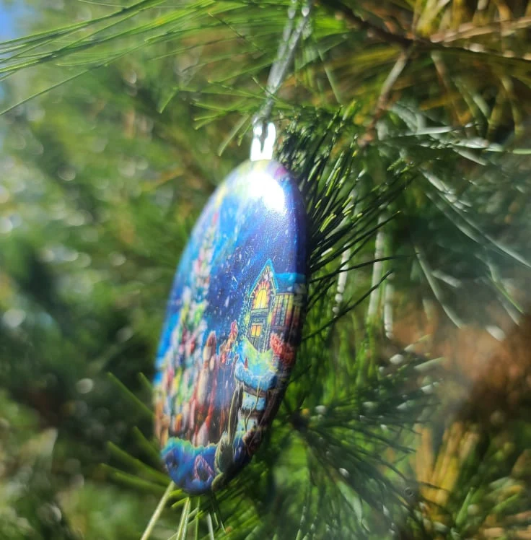Thumbnail: christmas scene with bunnies, snow, santa's workshop, christmas tree holiday  ornament by Dakota Daetwiler