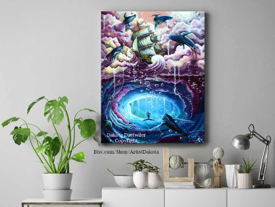 Thumbnail: Pirate Ship, Whales, fantasy, whales jumping in clouds, dream scape, Nautical, Purple clouds, blue clouds, sailing