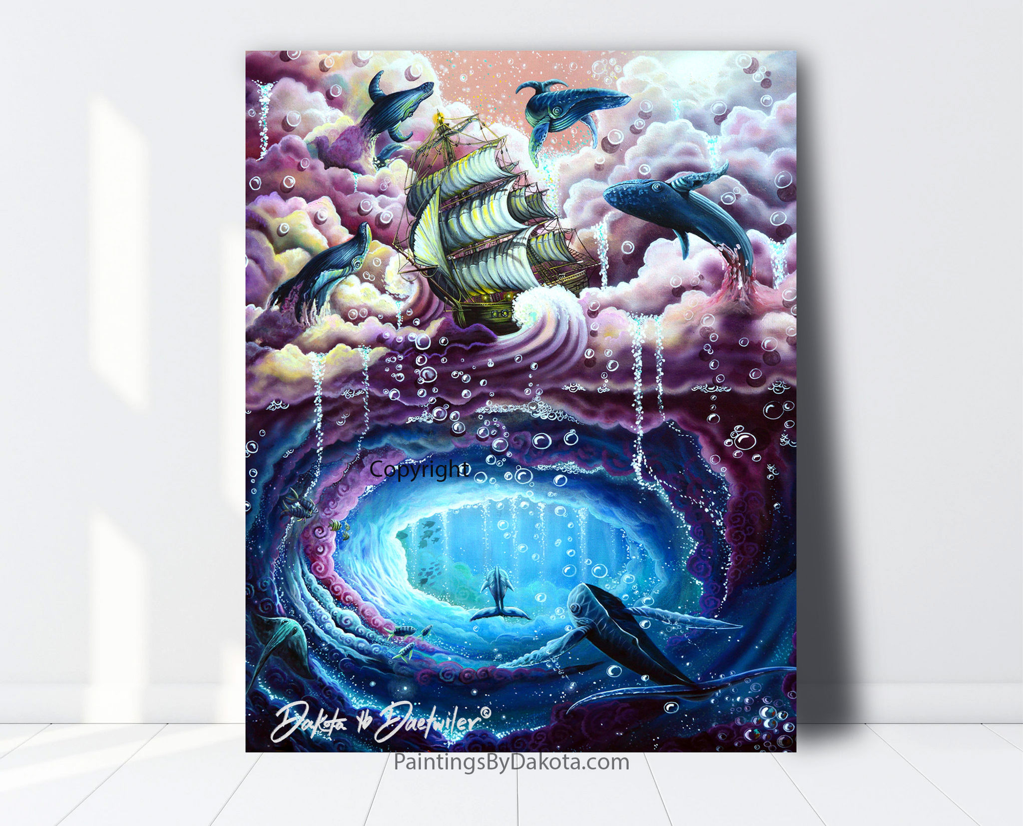 Pirate Ship, Whales, fantasy, whales jumping in clouds, dream scape, Nautical, Purple clouds, blue clouds, sailing