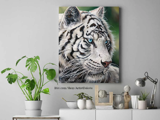 Thumbnail: Tiger, White Bengal Tiger, Albino Bengal Tiger, Large Cat, Tiger art, Gift for Cat lover, Tiger portrait, Stunning eyes,